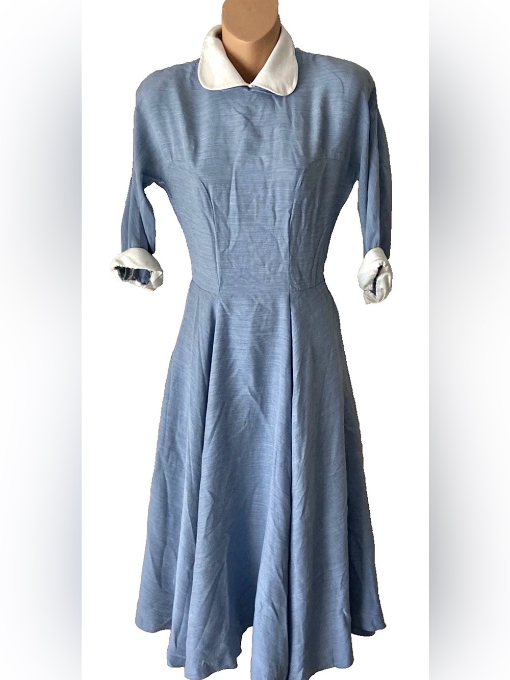 Vintage 1950s Light Blue Circle Skirt Dress White Cuffs & Collar XS Juniors